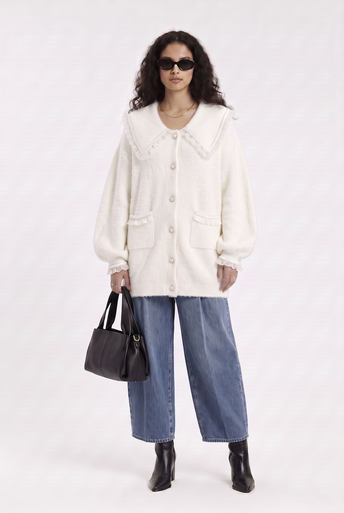 Sophia Blouse in ivory with blue barrel trousers
