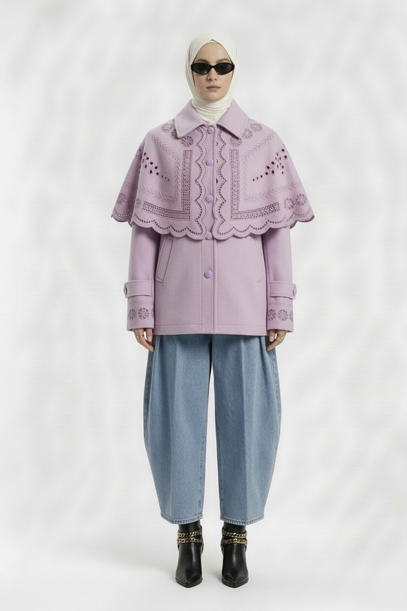 Amna Jacket in lilac over blue trousers